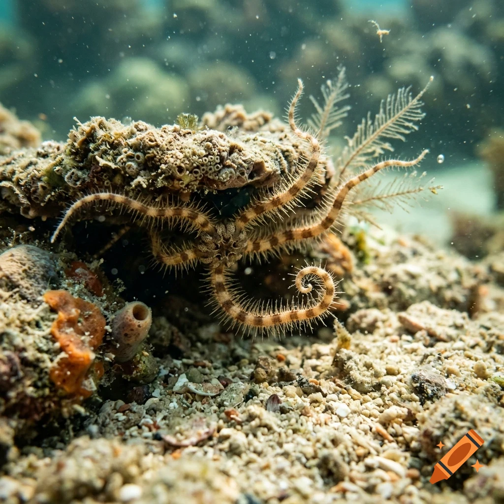 A brittle star or ophiuroid resting on a rocky seabed underwater.