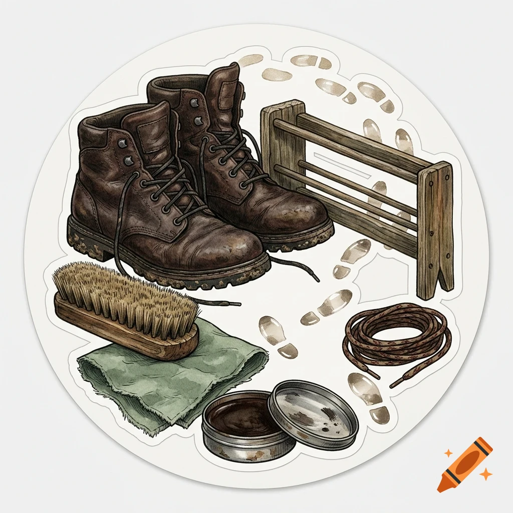 An illustration of brown leather work boots, a boot scraper, a brush, a rag, polish, spare laces, and boot prints on a circular sticker.