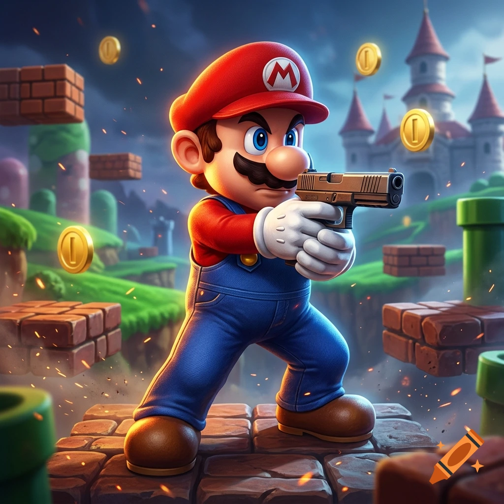 3D render of Mario holding a handgun in a video game level with floating gold coins and a castle in the background.