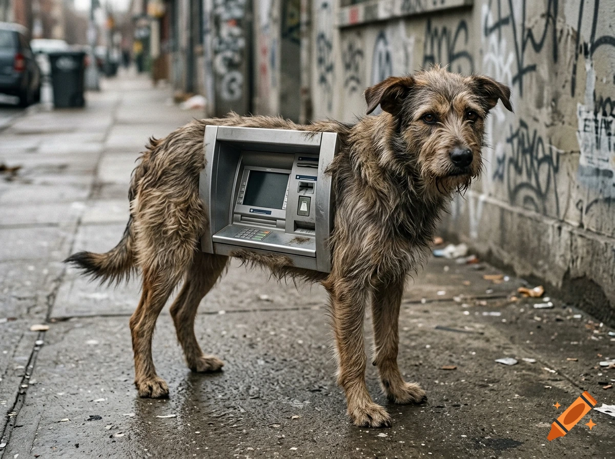 Photorealistic image of a shaggy stray dog with an ATM embedded in its torso, standing on a gritty city sidewalk.