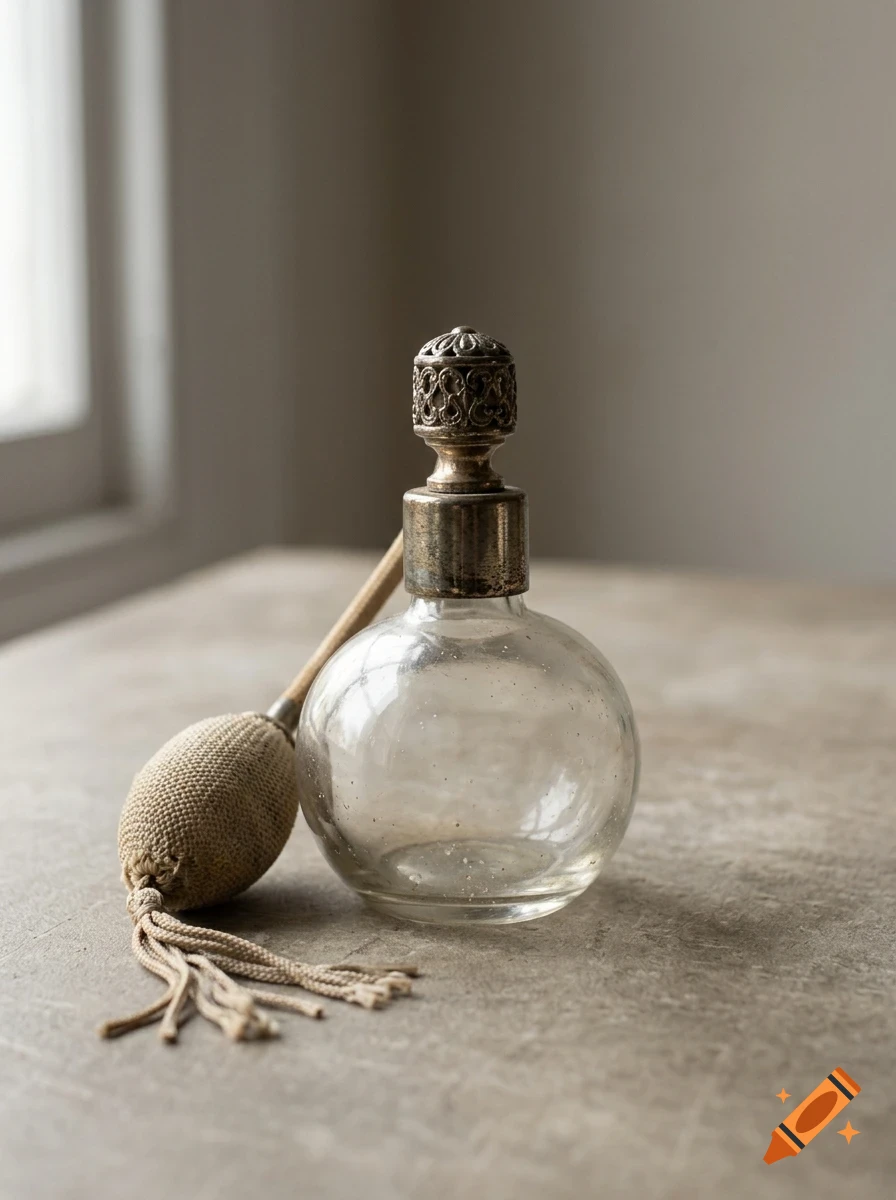 An antique glass perfume bottle with a bulb atomizer sits on a rustic surface.
