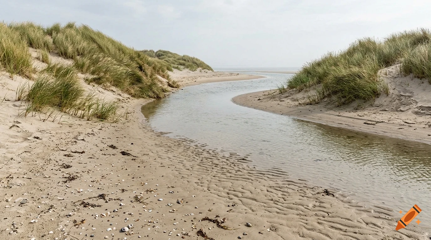 A winding stream flowing through sandy dunes covered with sparse green grass under an overcast sky.