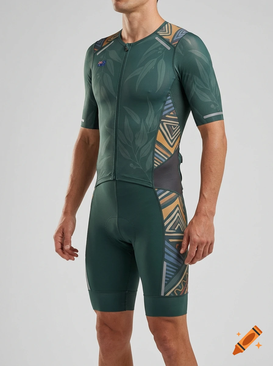 A close-up shot of a man wearing a green athletic tri-suit with Australian leaf and geometric patterns, photorealistic.