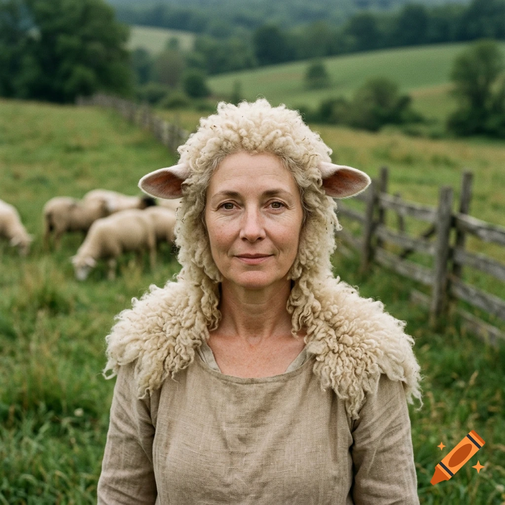 Photorealistic portrait of a woman wearing a sheep costume with ears on her head, standing in a field with sheep and a wooden fence.