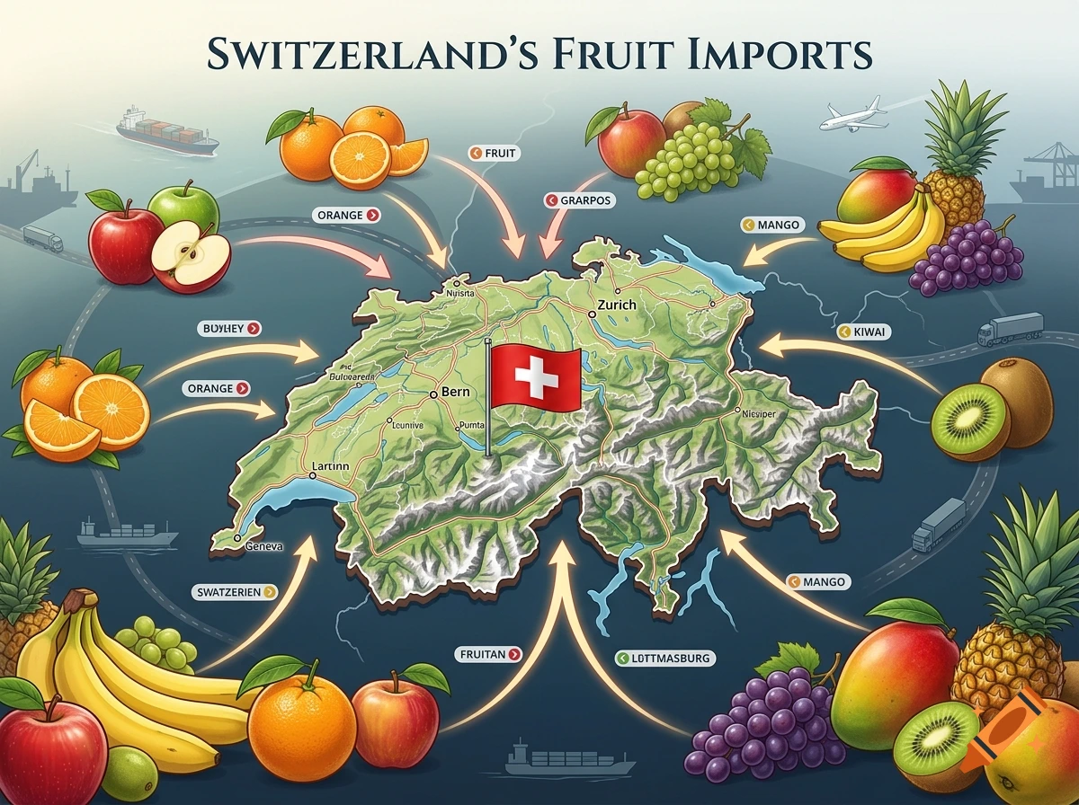 An illustrated map of Switzerland surrounded by various fresh fruits and cargo ships, with nonsensical labels.