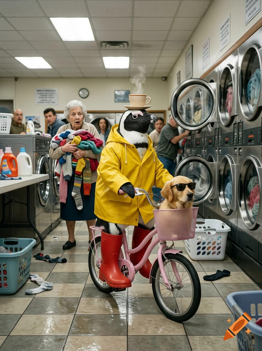 A photorealistic image of a penguin wearing a yellow raincoat and red boots riding a pink bicycle with a golden retriever in the basket inside a laundromat.