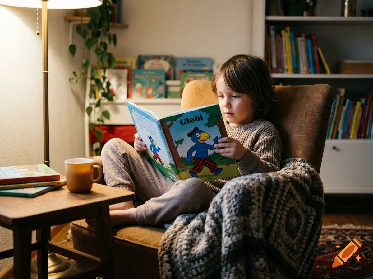 A young child cozy in an armchair reading a book titled Globi, in a warmly lit room with bookshelves.
