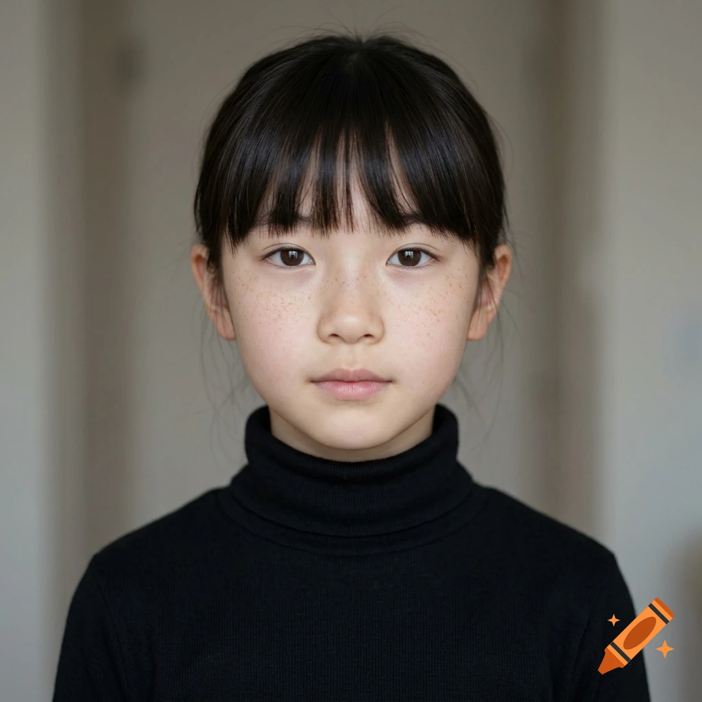 Photorealistic portrait of a young Japanese girl with bangs and freckles wearing a black turtleneck.