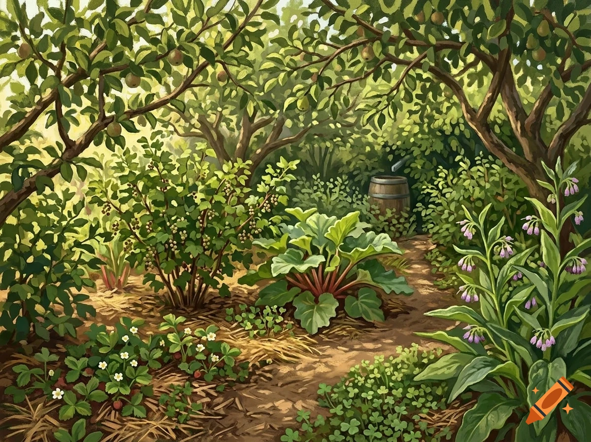 An illustrated garden with fruit trees, berry bushes, flowering plants, and a small wooden barrel along a dirt path.