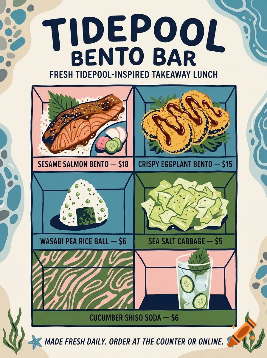 An illustrated menu for Tidepool Bento Bar featuring six illustrated compartments showing salmon bento, crispy eggplant, rice ball, cabbage, patterned background, and cucumber drink.