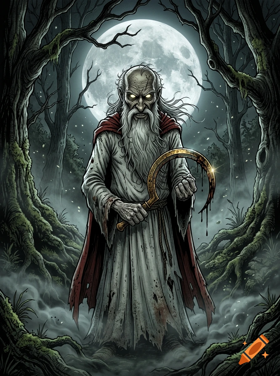 Dark fantasy illustration of a sinister old man with glowing eyes and a bloody sickle in a misty forest at midnight.