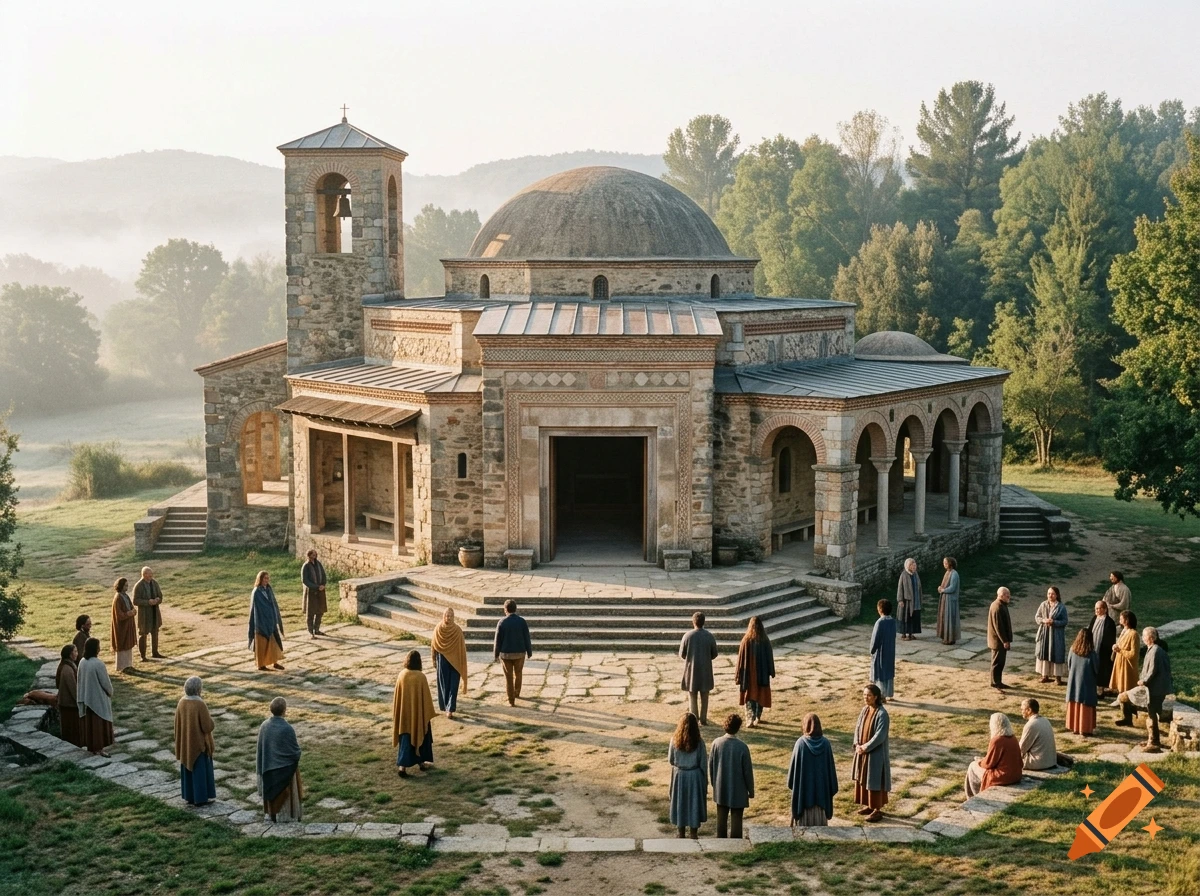 Photorealistic shot of a large stone church with a dome and bell tower surrounded by people in a courtyard.