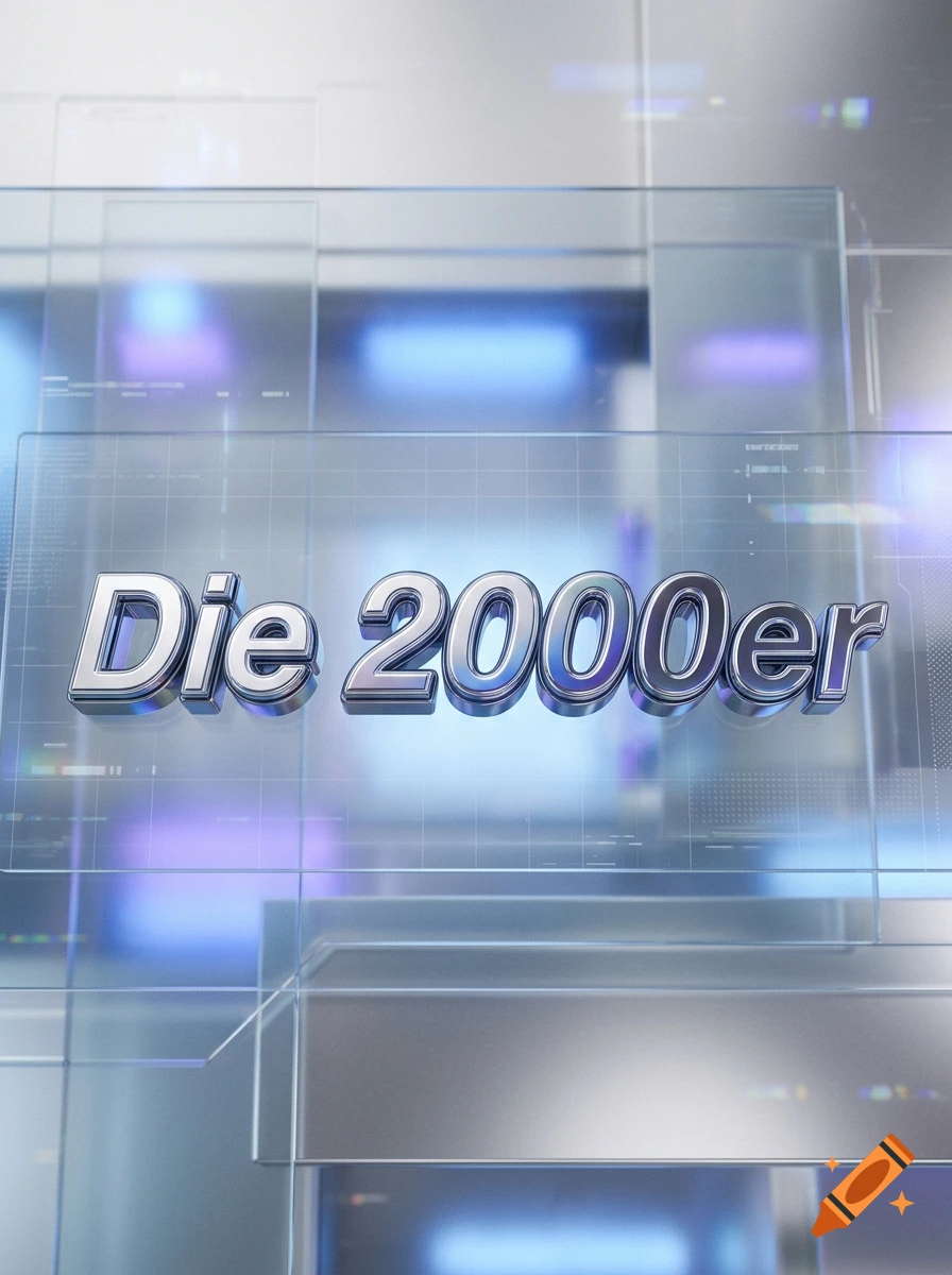 3D metallic text reading "Die 2000er" centered over a futuristic glass and blue light background.