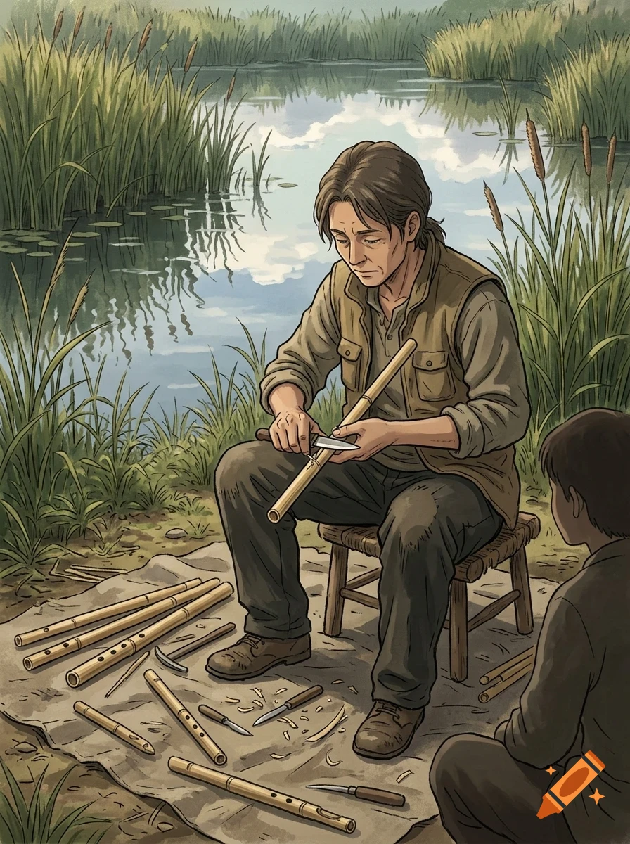 An illustration of a person carving a wooden flute by a riverbank with finished flutes and tools nearby, and another person watching.