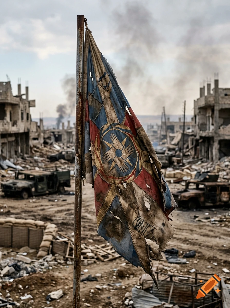 Photorealistic shot of a tattered, war-torn alliance flag on a pole amidst a ruined, destroyed city.