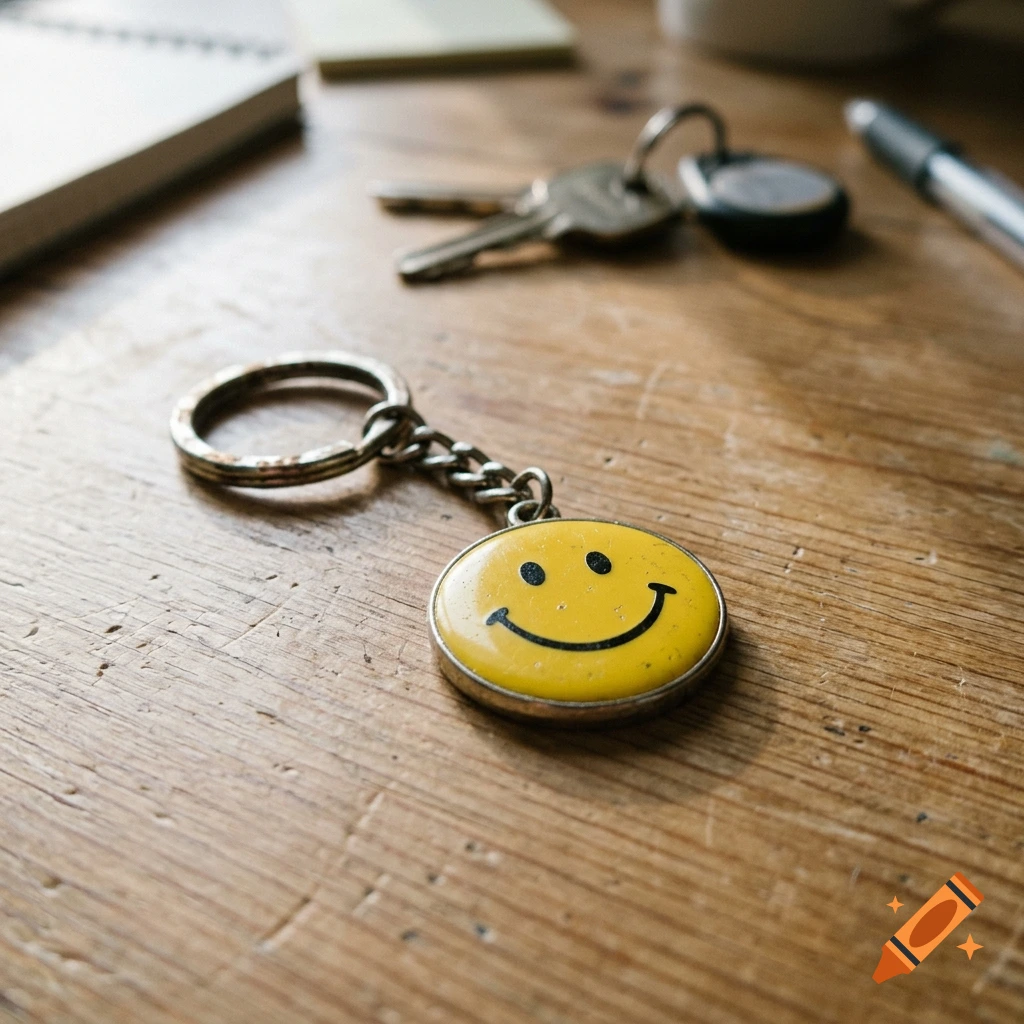 Close-up of a yellow smiley face keychain on a wooden desk with keys and a notebook in the background.