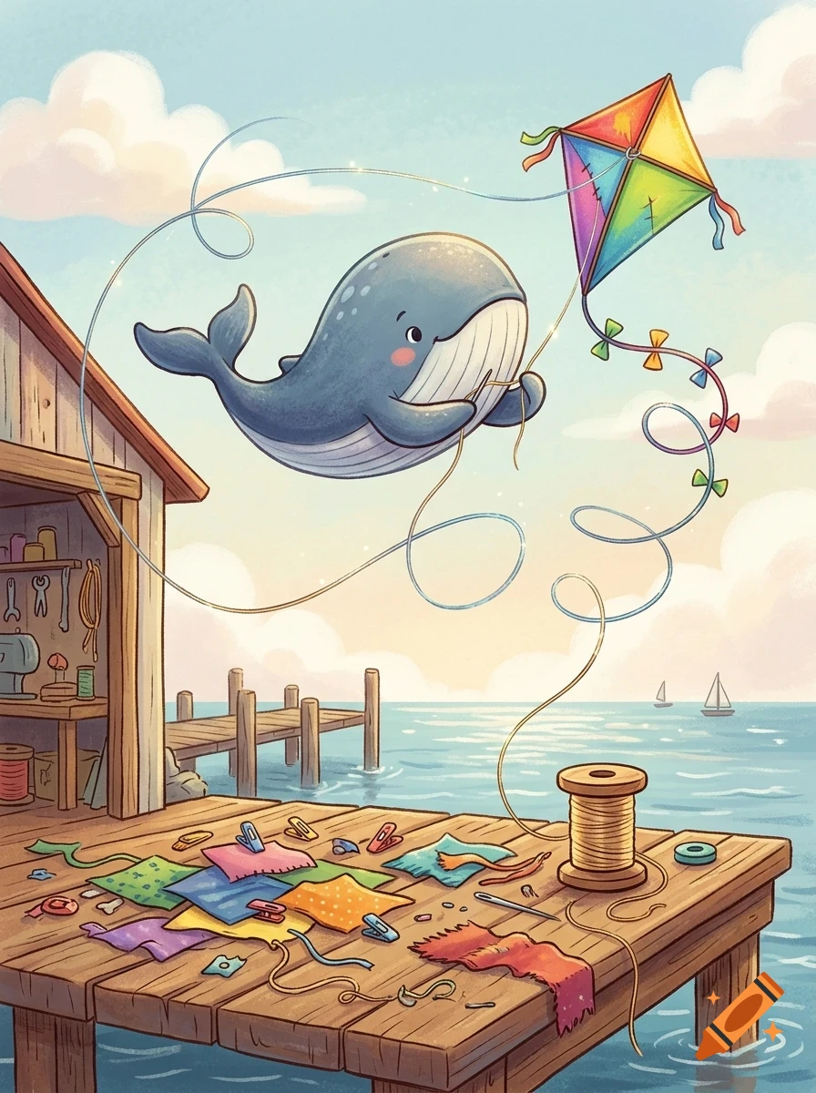 A cute cartoon whale floats near a dock by the sea, holding a string to a colorful kite in the sky.