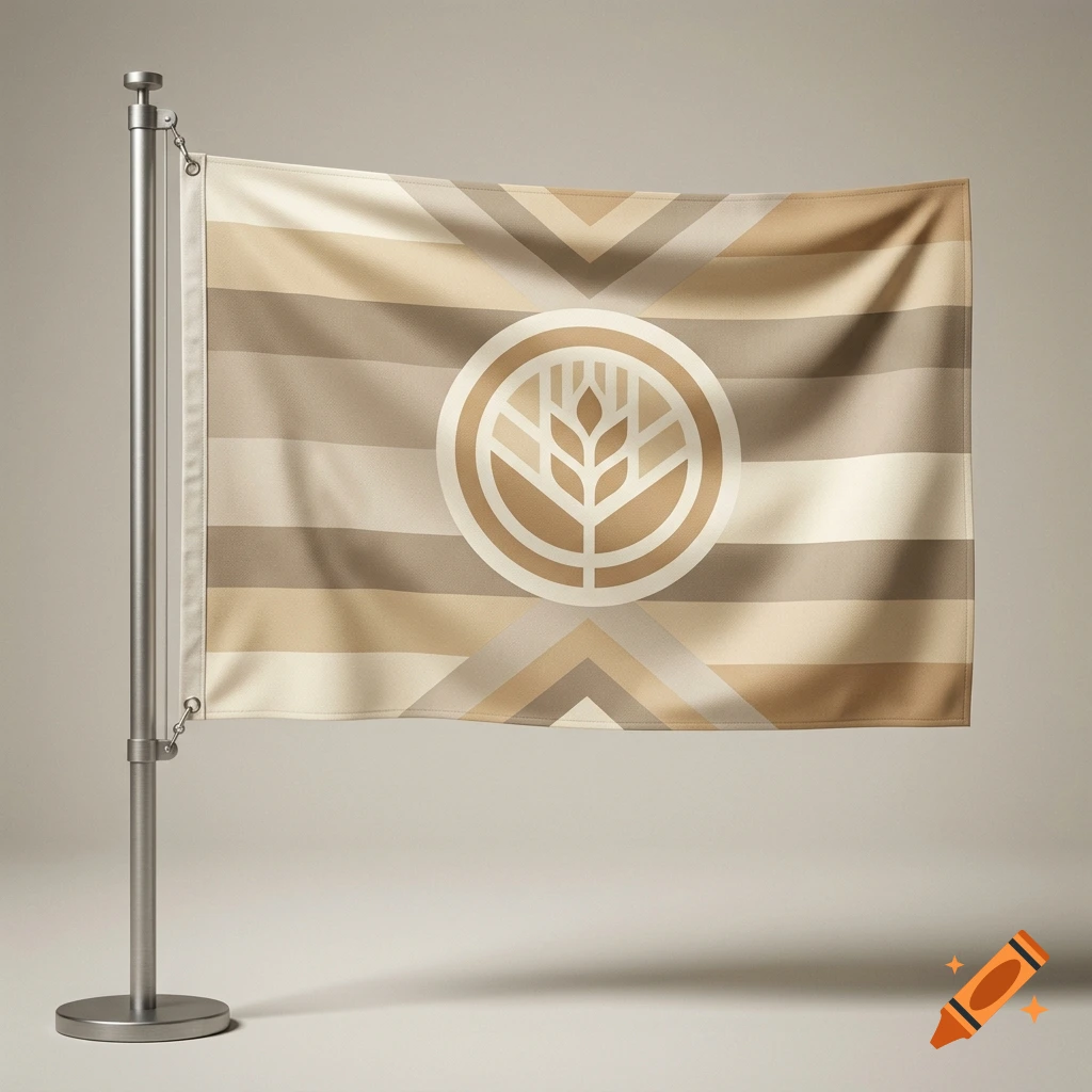 A flag with beige and cream-colored stripes and a wheat stalk emblem, mounted on a silver flagpole.
