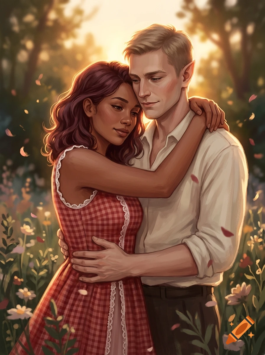 An illustrative digital painting of a smiling couple hugging in a sunlit meadow surrounded by flowers and falling petals.