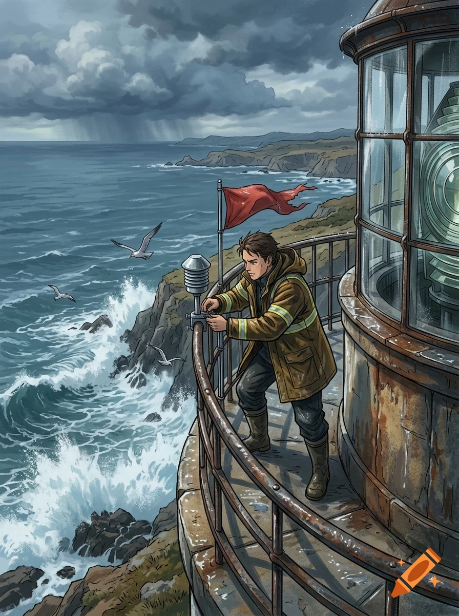 An illustrated man in a yellow coat stands on the balcony of a coastal lighthouse overlooking a stormy sea, with seagulls flying nearby.