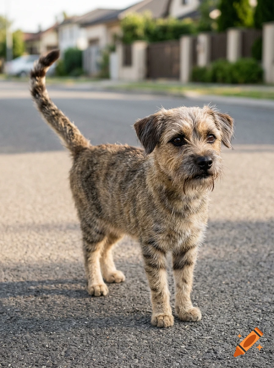 Photorealistic image of a small, scruffy dog with a cat-like tail standing on an asphalt street in front of houses.