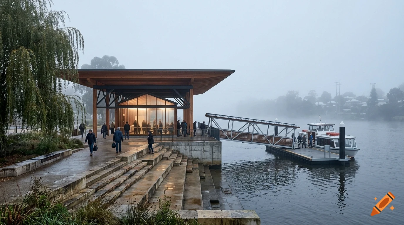 A modern ferry terminal with a wooden pavilion and a docked boat on a foggy riverbank with people walking around.