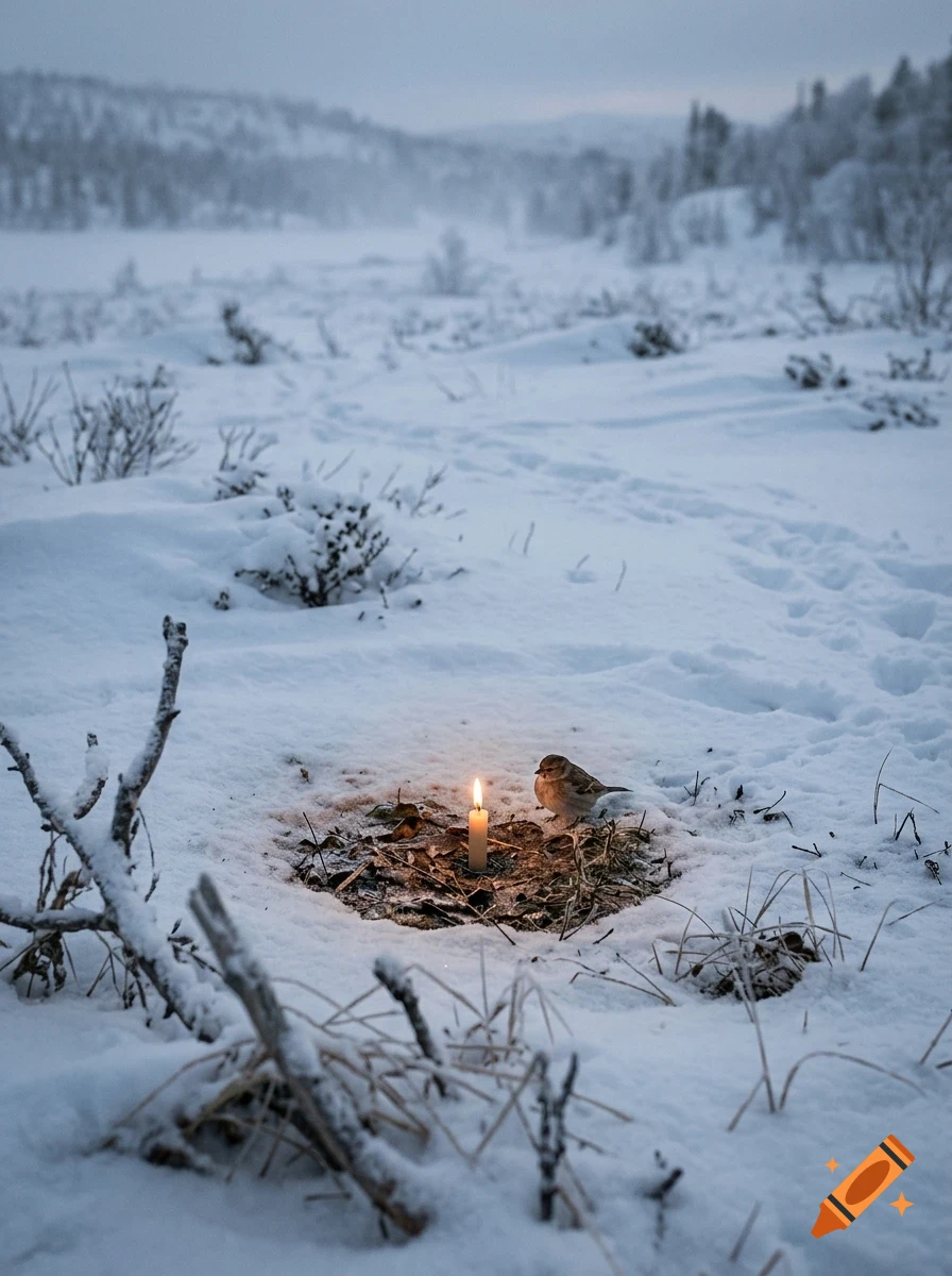 A lit candle and a small bird sit in a clearing of snow-covered ground within a snowy winter landscape.