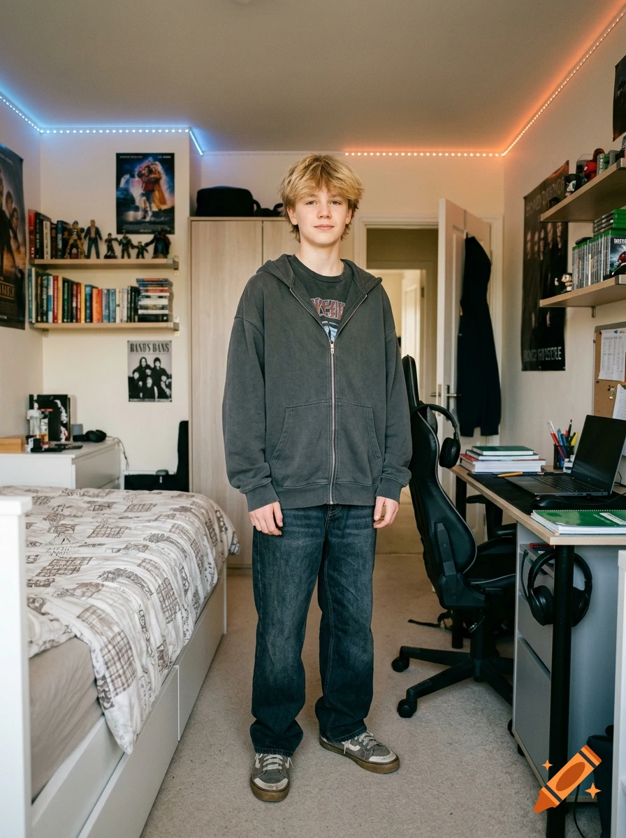 Photorealistic full-body portrait of a 14-year-old boy with blonde hair standing in his messy teenager bedroom.