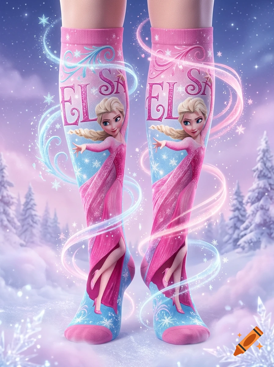 Close-up of a person's legs wearing pink and blue knee-high socks featuring an Elsa design against a magical winter background.