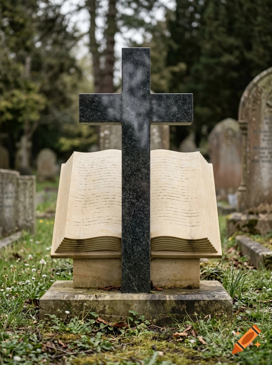 Photorealistic gravestone featuring a dark stone cross standing in front of an open stone book in a cemetery.