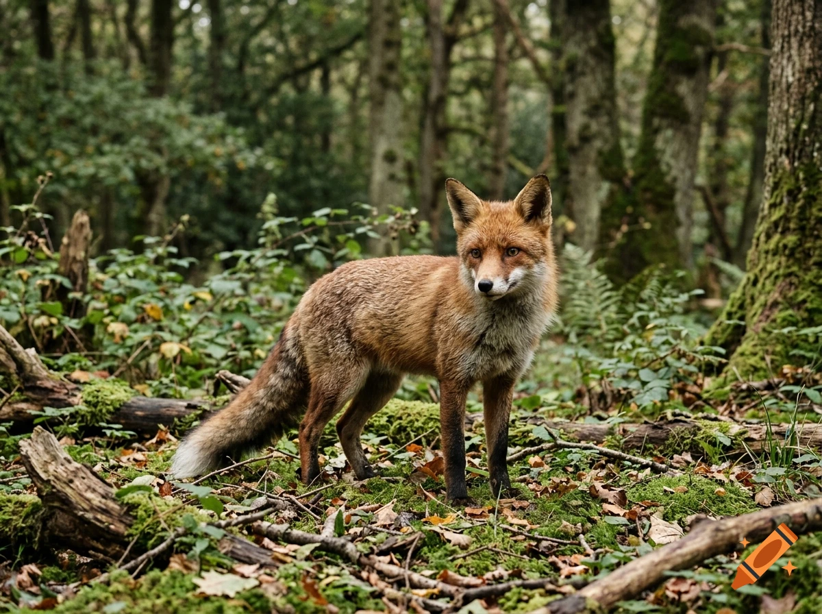 Photorealistic red fox standing alert in a mossy forest surrounded by trees and fallen logs.