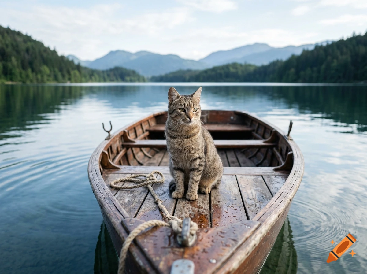 Photorealistic image of a tabby cat sitting in a wooden boat on a calm lake surrounded by mountains and forests.