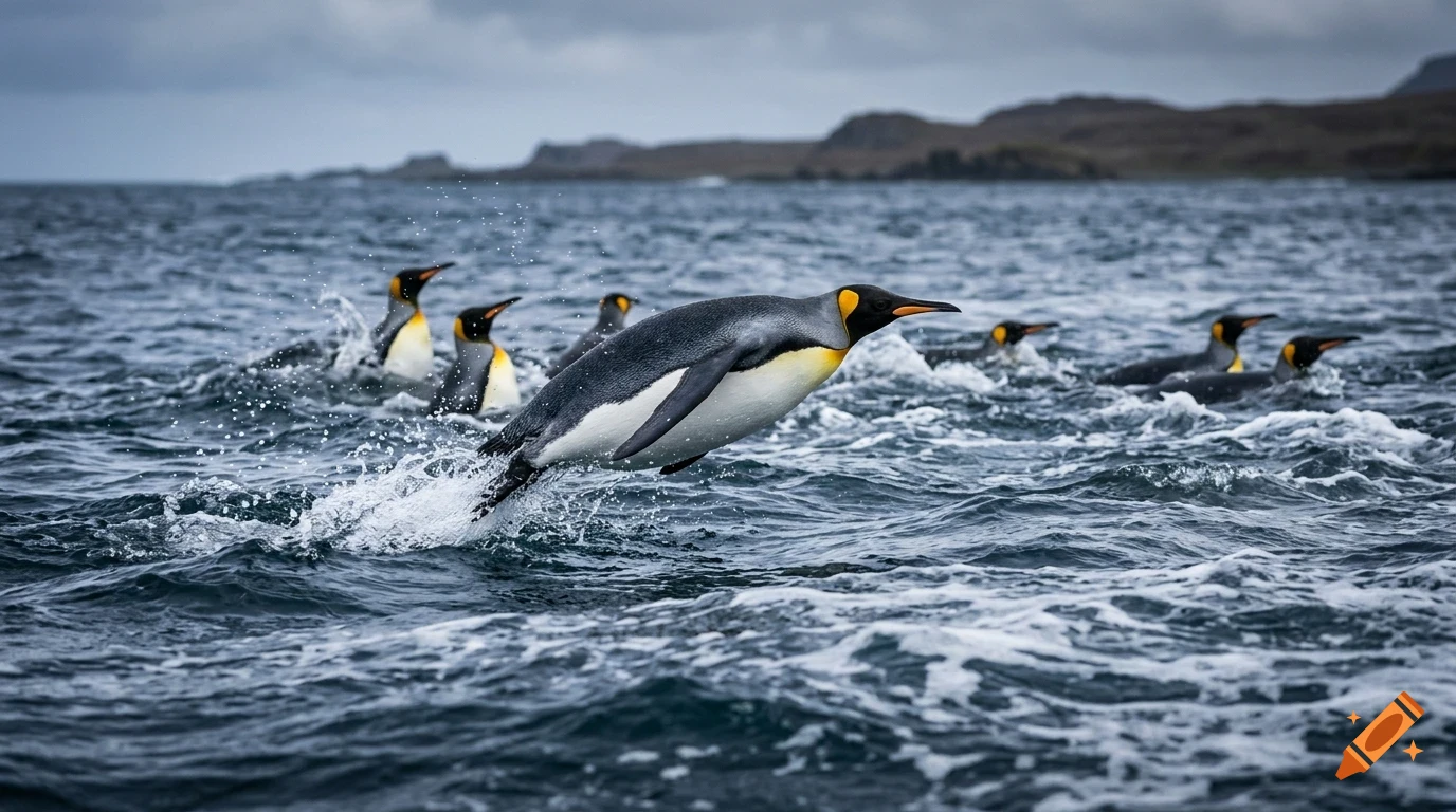 A group of penguins swimming and leaping through choppy ocean water with distant hills under an overcast sky.
