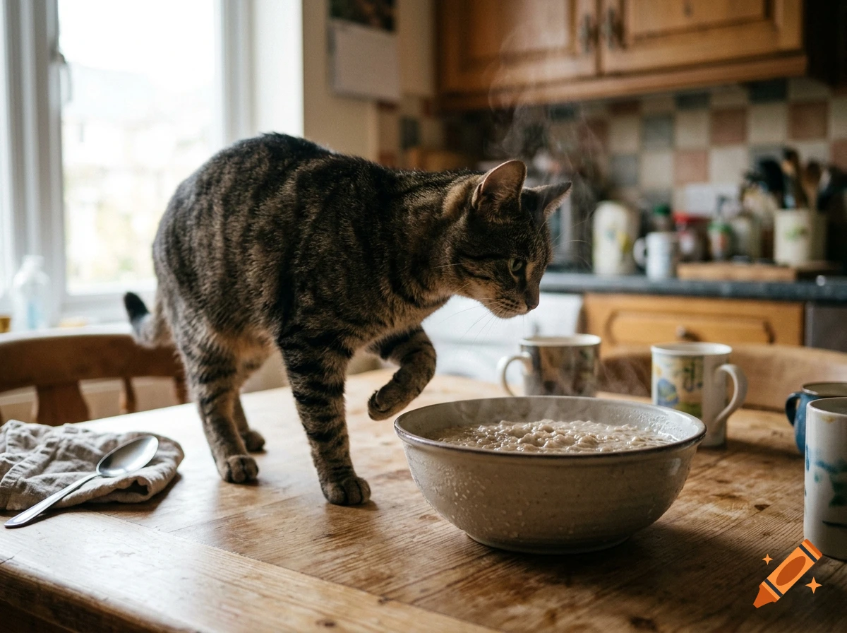 Photorealistic image of a tabby cat walking on a wooden kitchen table next to a bowl of steaming porridge.