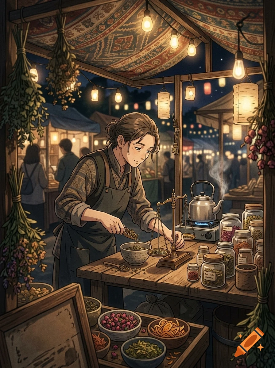 A person working at a market stall filled with jars, herbs, and a scale, illuminated by hanging lights.
