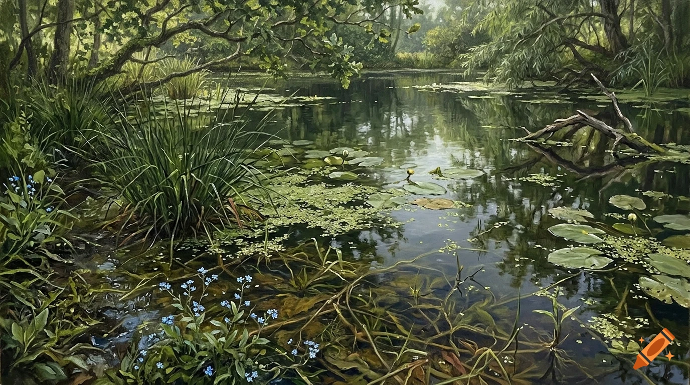 An oil painting of a tranquil, overgrown forest pond with lily pads, submerged roots, and small blue wildflowers along the muddy bank.