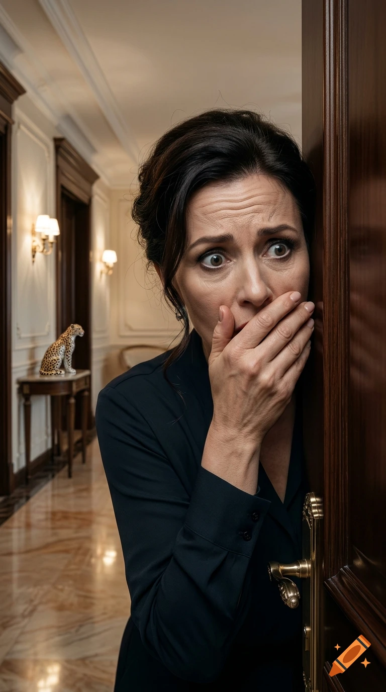 Photorealistic close-up of a woman in a dark dress with a shocked expression, holding her hand over her mouth next to a closed door in a luxurious hallway.