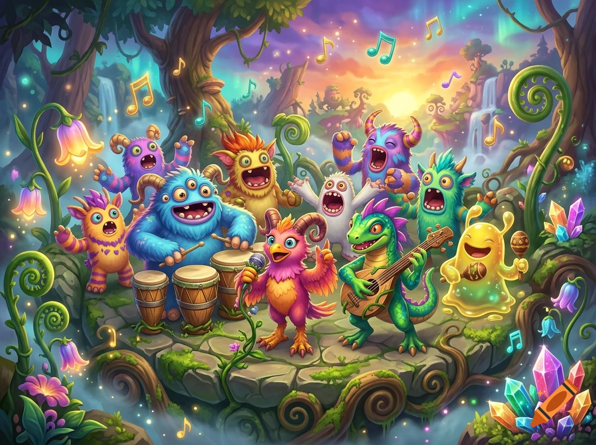 Colorful fantasy monsters playing musical instruments in a magical jungle, digital illustration style