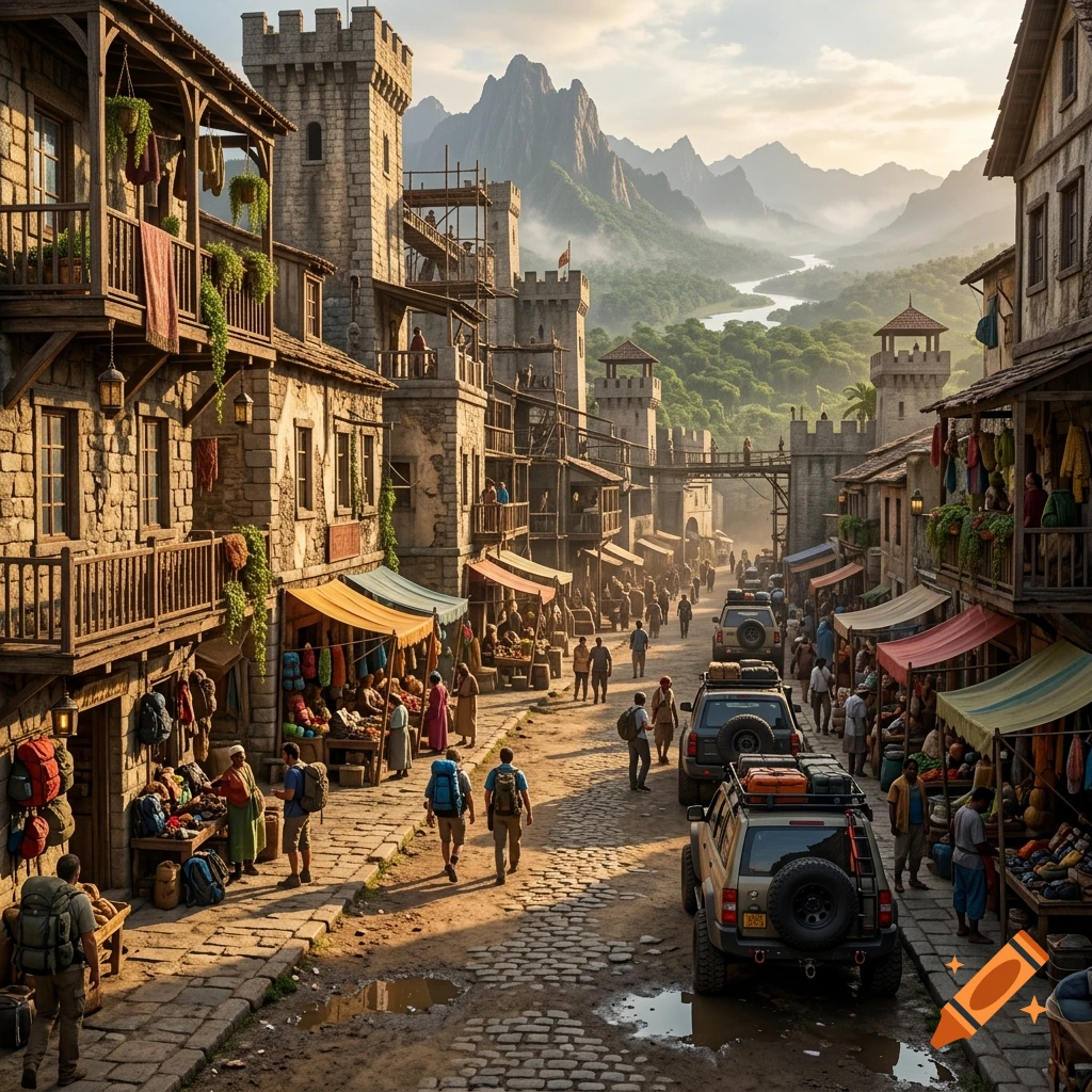 Photorealistic scene of an adventure city with stone buildings, a cobblestone street with off-road vehicles, and mountains in the background.