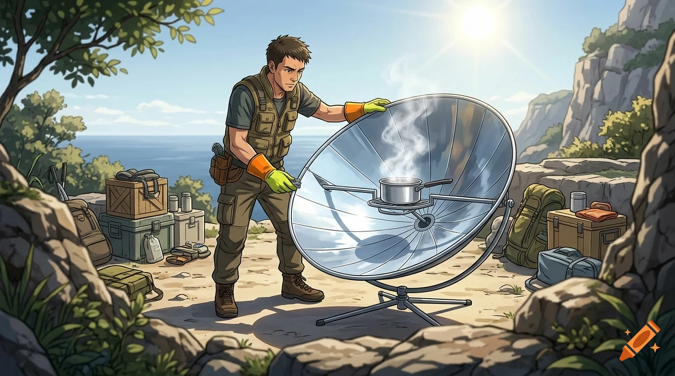 An anime-style illustration of a man using a large parabolic solar cooker with a pot on it outdoors by the sea.