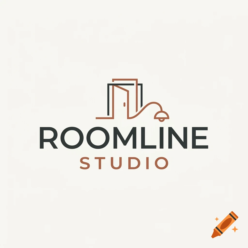Minimalist logo featuring a line drawing of an open door and lamp above the text ROOMLINE STUDIO.