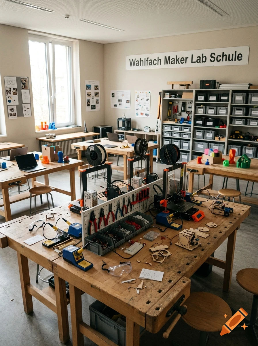 Photorealistic interior of a school maker lab workshop with wooden workbenches, tools, and 3D printers.