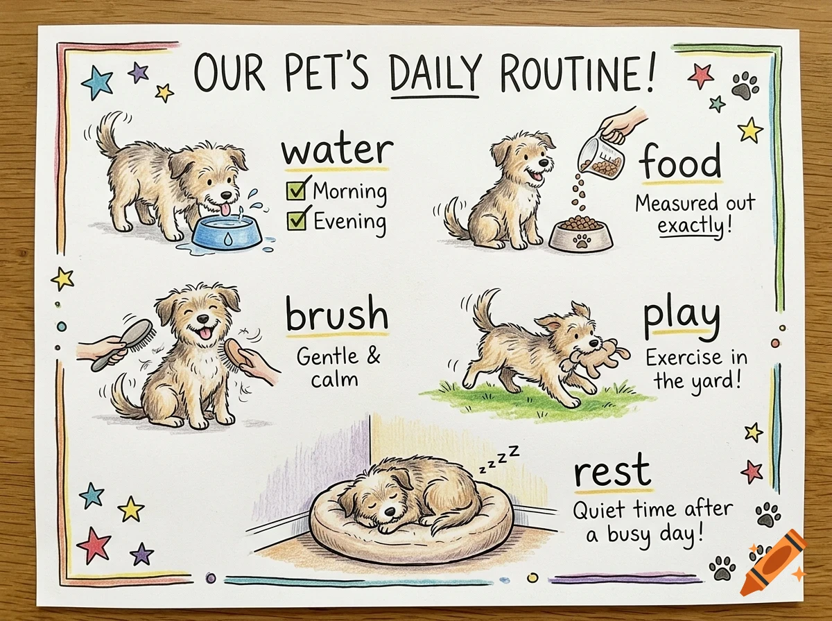 An illustrated chart titled "Our Pet's Daily Routine!" showing a dog's daily activities including water, food, brush, play, and rest.