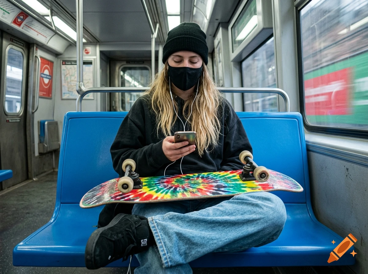 A young woman wearing a beanie and face mask sits on a blue subway seat, holding a tie-dye skateboard and looking at her smartphone.