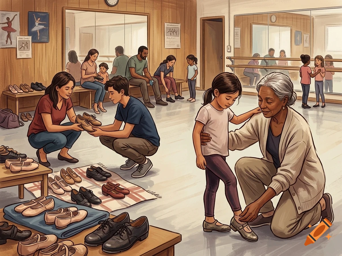An elderly woman helping a young girl put on dance shoes in a dance studio lobby filled with various pairs of shoes and seated people.