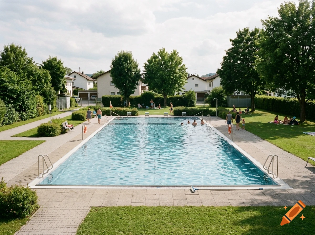 Photorealistic shot of a long outdoor swimming pool surrounded by green lawns, trees, and houses.