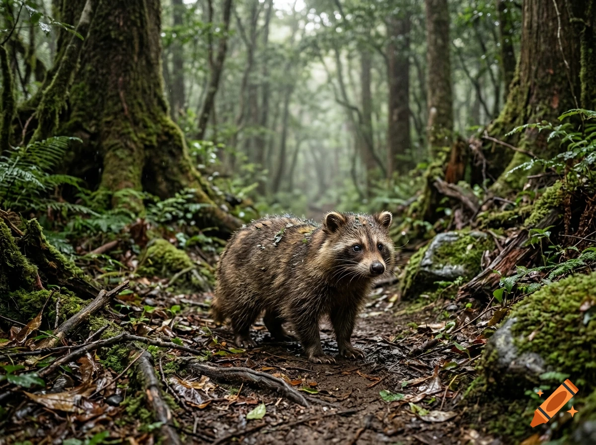Photorealistic raccoon standing on a muddy path in a lush, mossy, foggy forest surrounded by tall trees.