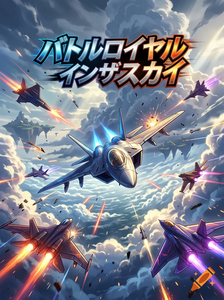 Anime style illustration of fighter jets engaging in a dogfight in the cloudy sky with Japanese title text.