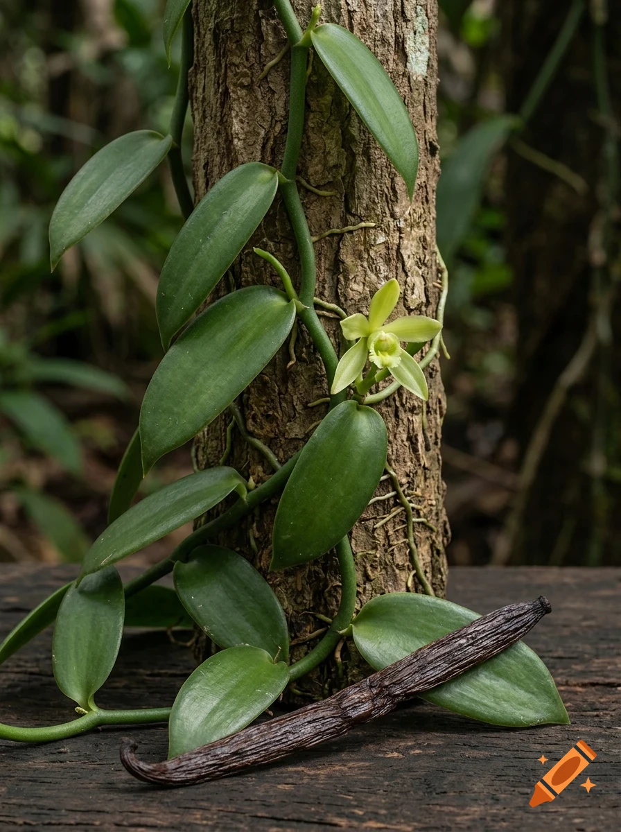 A vanilla orchid vine with green leaves and a pale flower climbing a tree trunk, with a single cured vanilla bean pod resting in the foreground.