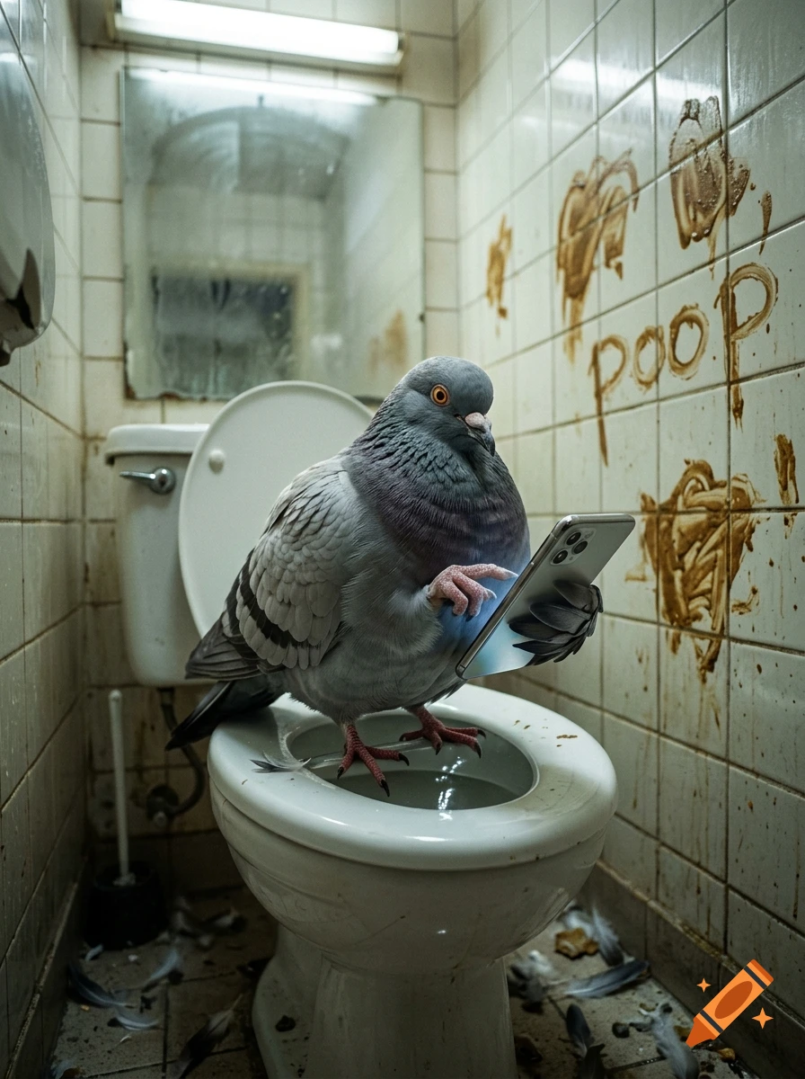 Photorealistic image of a fat pigeon sitting on a toilet in a tiled bathroom, typing on a smartphone while the walls have the word poop written on them.